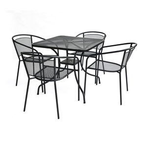 Fém kerti asztal napernyőlyukkal, 4 db székkel - fekete