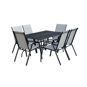 Fém kerti asztal, 150 x 90 x 72 cm - fekete, 6 db székkel