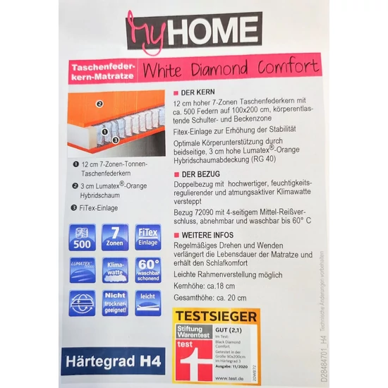 My Home - White Diamond Comfort 90 táskarugós ágy matrac leírás