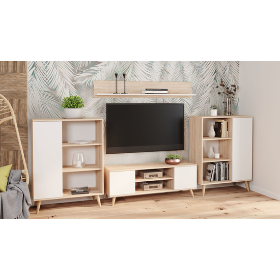 KOB-FINO TV szekrény fa lábakkal - sonoma tölgy-fehér