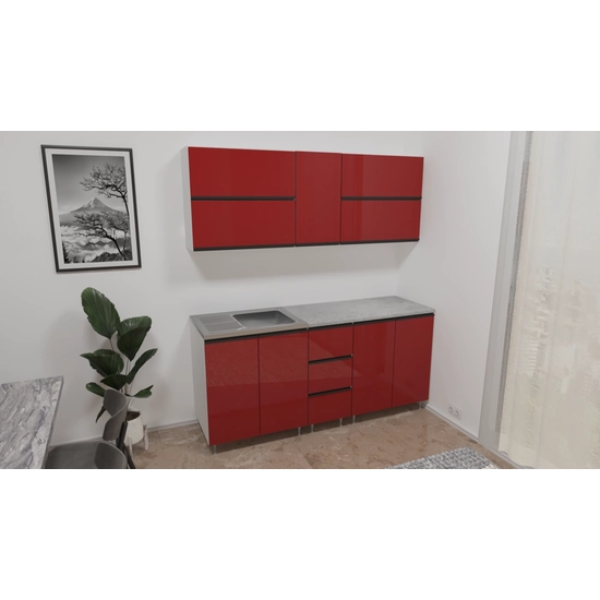 Carmen 200 cm kész konyhabútor, magasfényű piros enterior